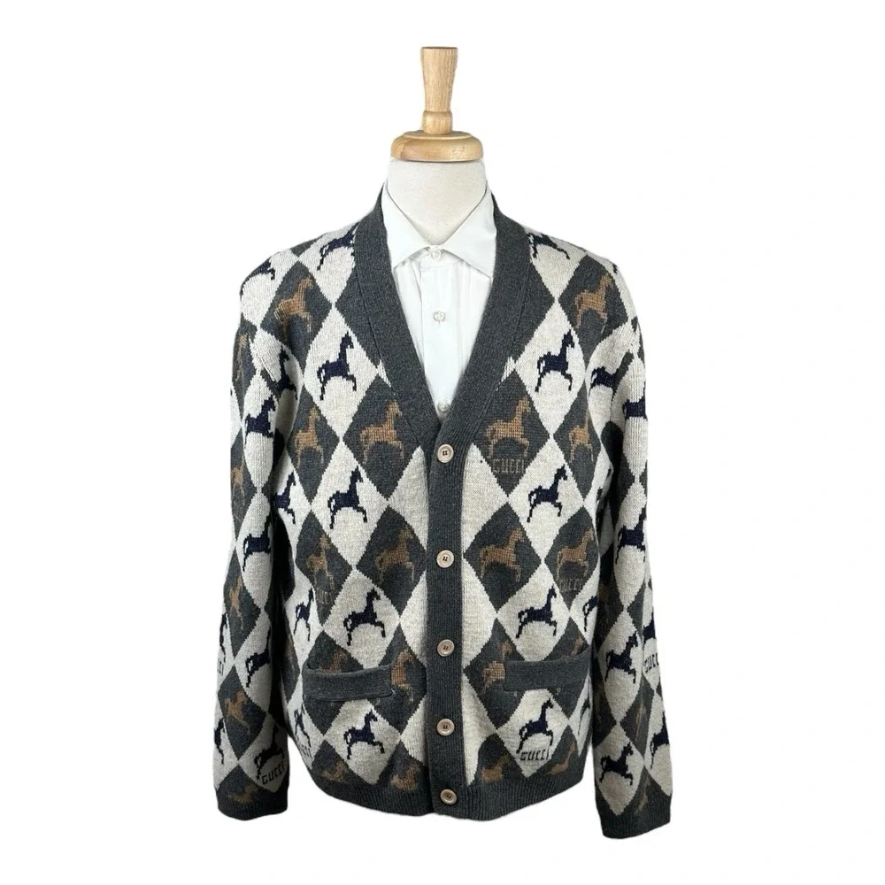 GUCCI Argyle Wool Equestrian AOP Pearl Button Cardigan Size Men's Large